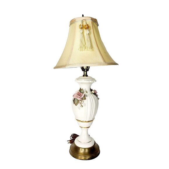 Vintage Capodimonte Porcelain Floral Lamp & Beaded Tassel Fringe Lampshade